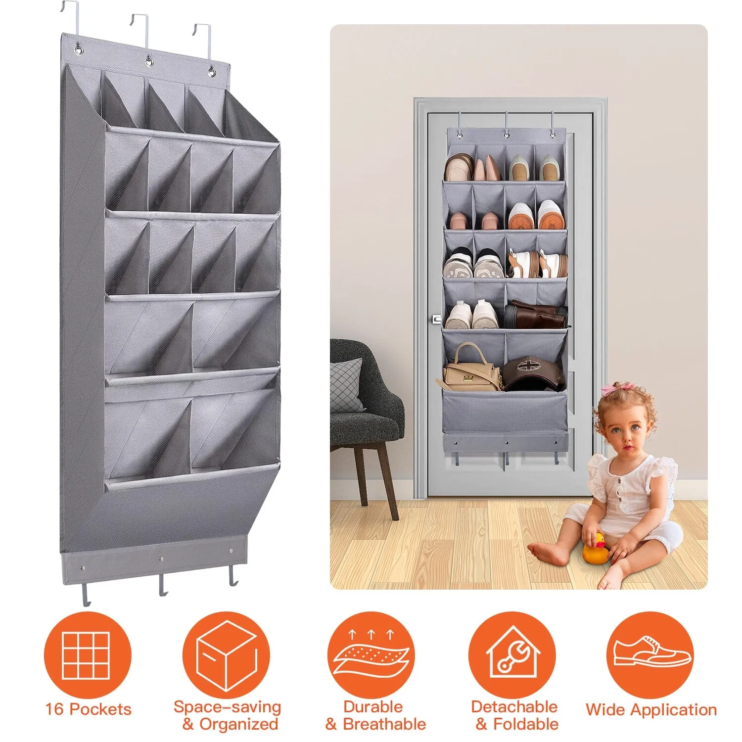 16 Pockets Over The Door Shoe Organizer 5 Tier with 6 Hooks