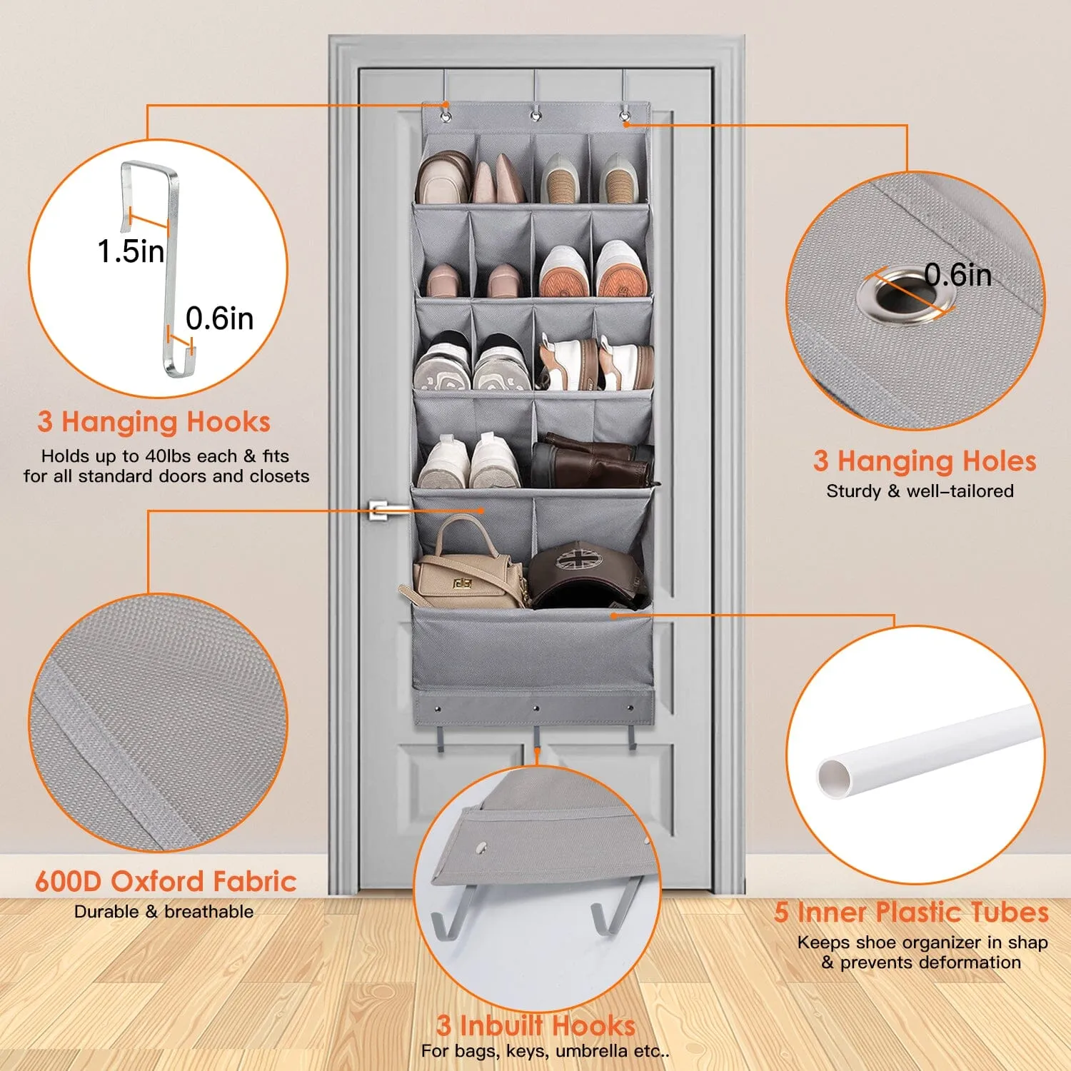 16 Pockets Over The Door Shoe Organizer 5 Tier with 6 Hooks