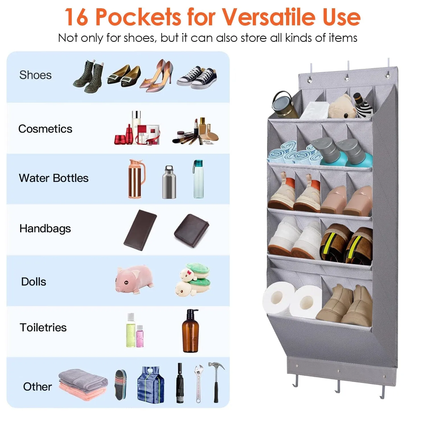 16 Pockets Over The Door Shoe Organizer 5 Tier with 6 Hooks