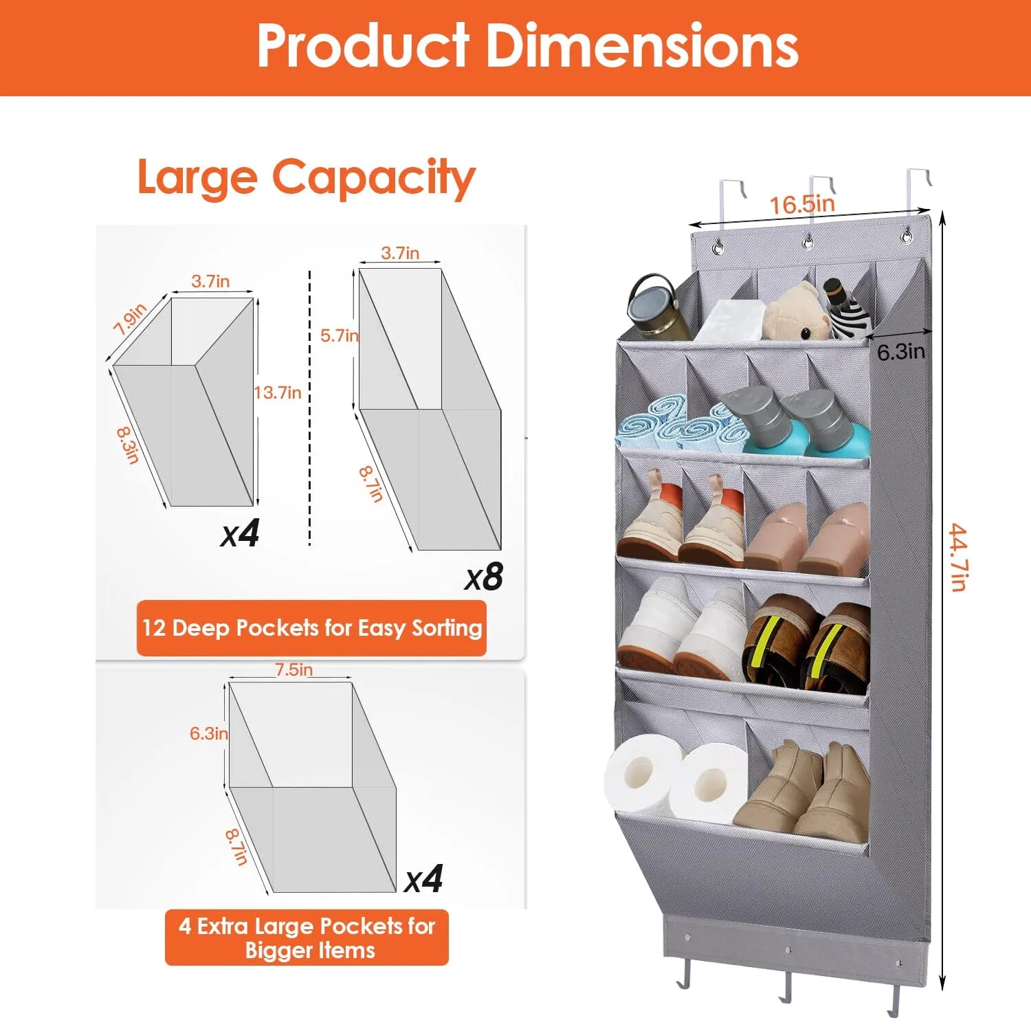 16 Pockets Over The Door Shoe Organizer 5 Tier with 6 Hooks