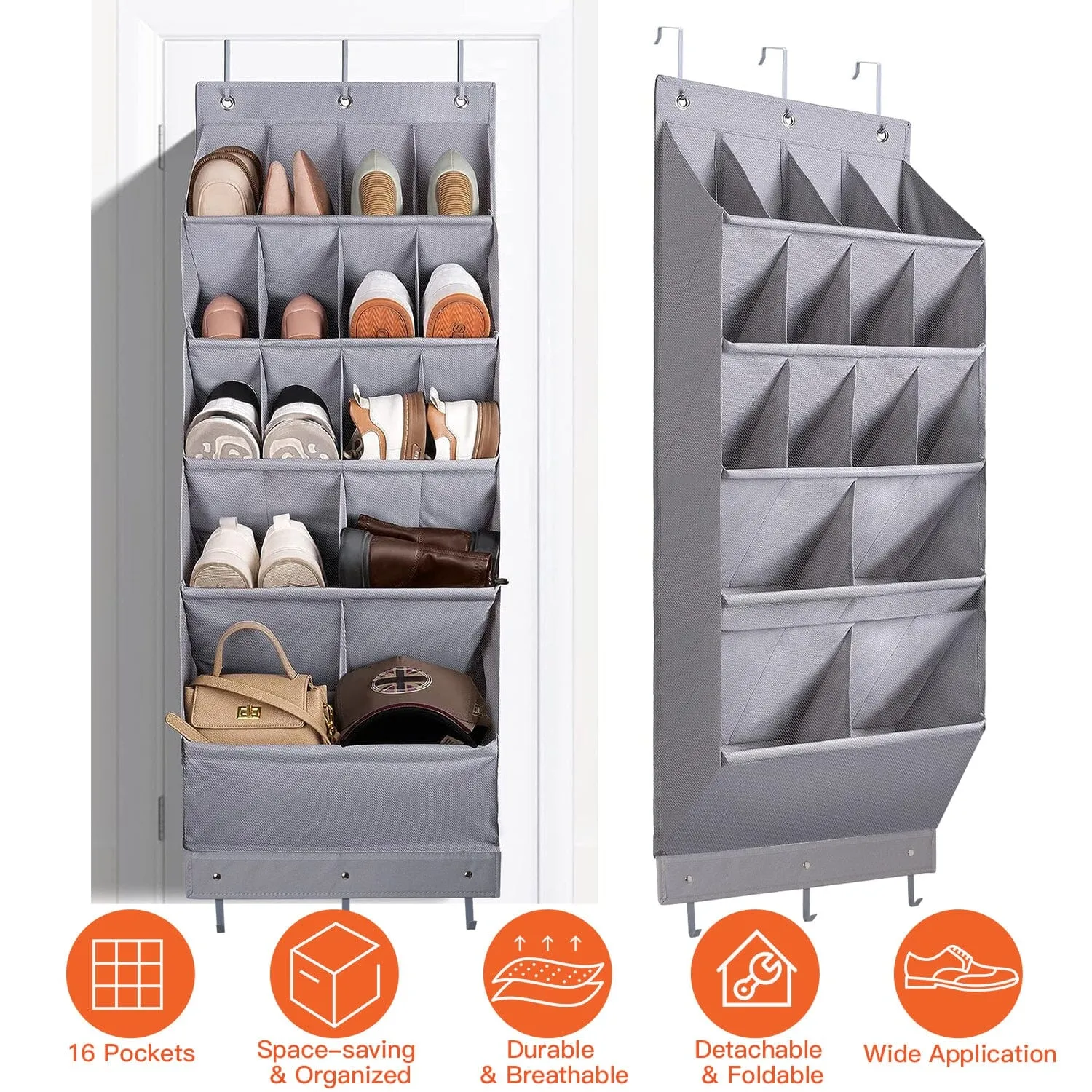 16 Pockets Over The Door Shoe Organizer 5 Tier with 6 Hooks
