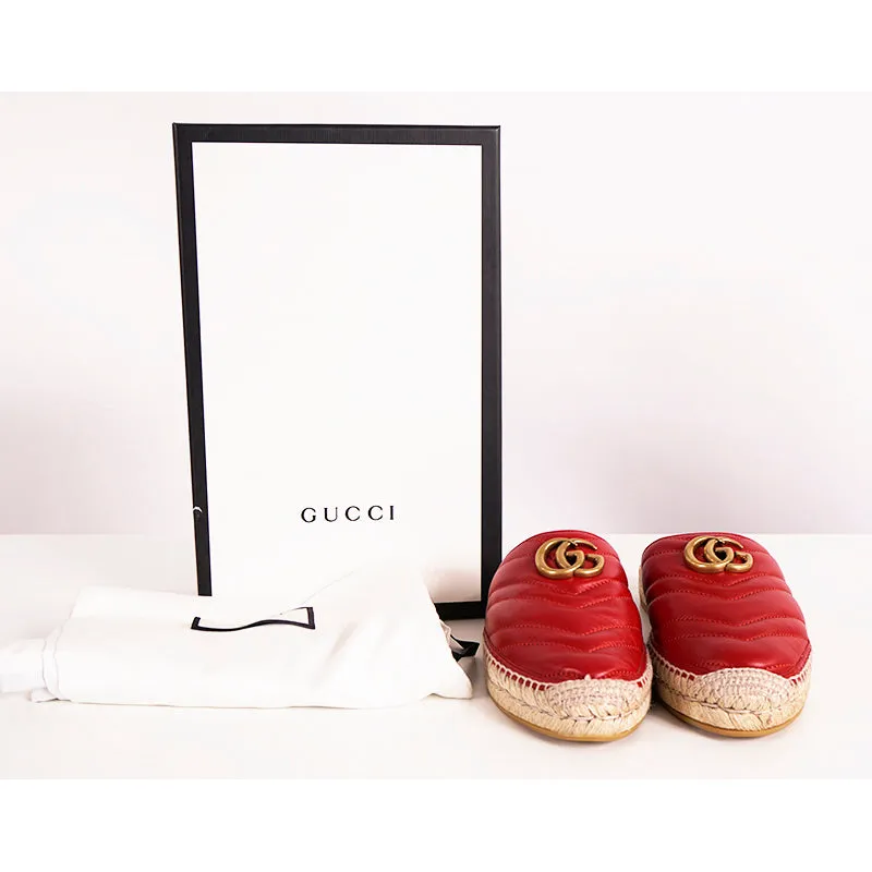 37.5 NEW $650 GUCCI Red Leather Matelassé GG MARMONT Espadrille SUMMER FLATS NIB