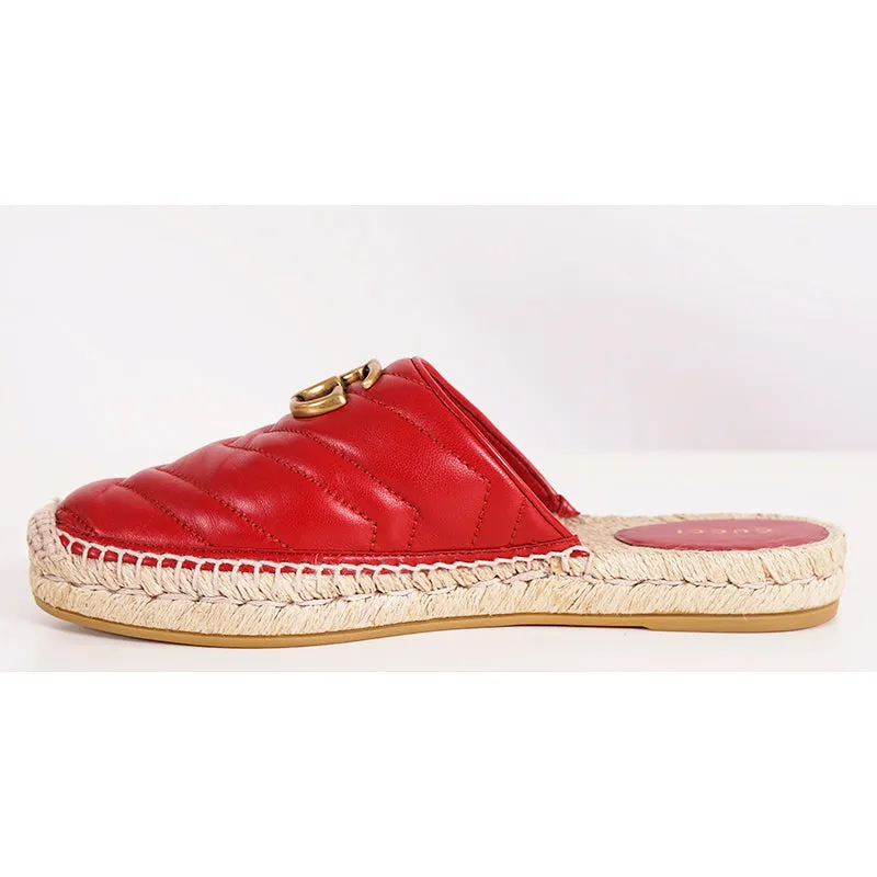 37.5 NEW $650 GUCCI Red Leather Matelassé GG MARMONT Espadrille SUMMER FLATS NIB