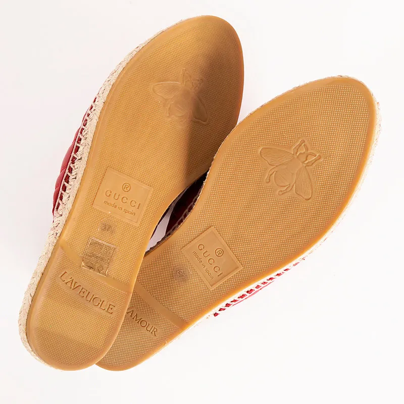37.5 NEW $650 GUCCI Red Leather Matelassé GG MARMONT Espadrille SUMMER FLATS NIB
