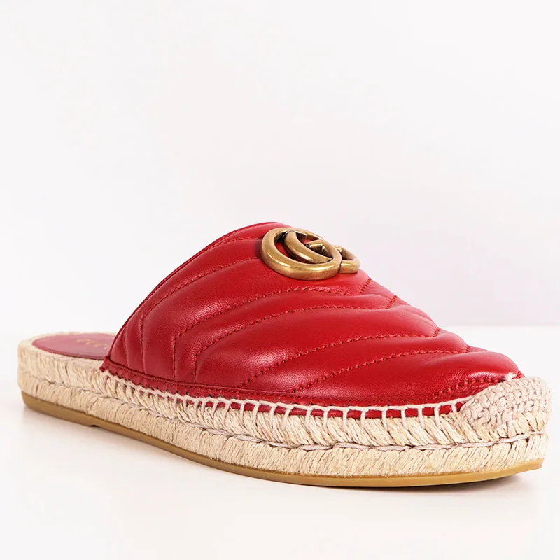 37.5 NEW $650 GUCCI Red Leather Matelassé GG MARMONT Espadrille SUMMER FLATS NIB