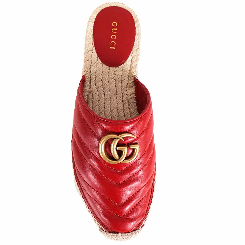37.5 NEW $650 GUCCI Red Leather Matelassé GG MARMONT Espadrille SUMMER FLATS NIB