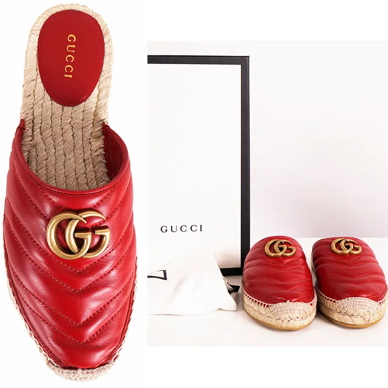 37.5 NEW $650 GUCCI Red Leather Matelassé GG MARMONT Espadrille SUMMER FLATS NIB