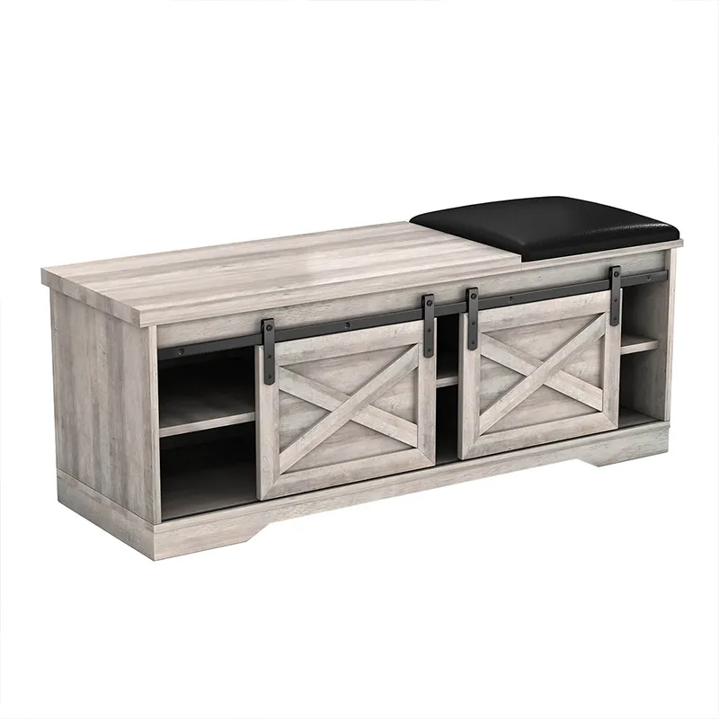 47" Modern Gray Walnut Farmhouse Sliding Shoe Bench with Barn Door