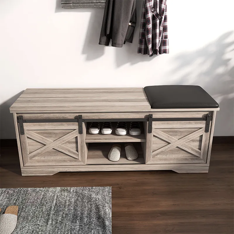 47" Modern Gray Walnut Farmhouse Sliding Shoe Bench with Barn Door