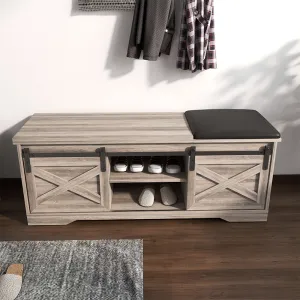 47" Modern Gray Walnut Farmhouse Sliding Shoe Bench with Barn Door