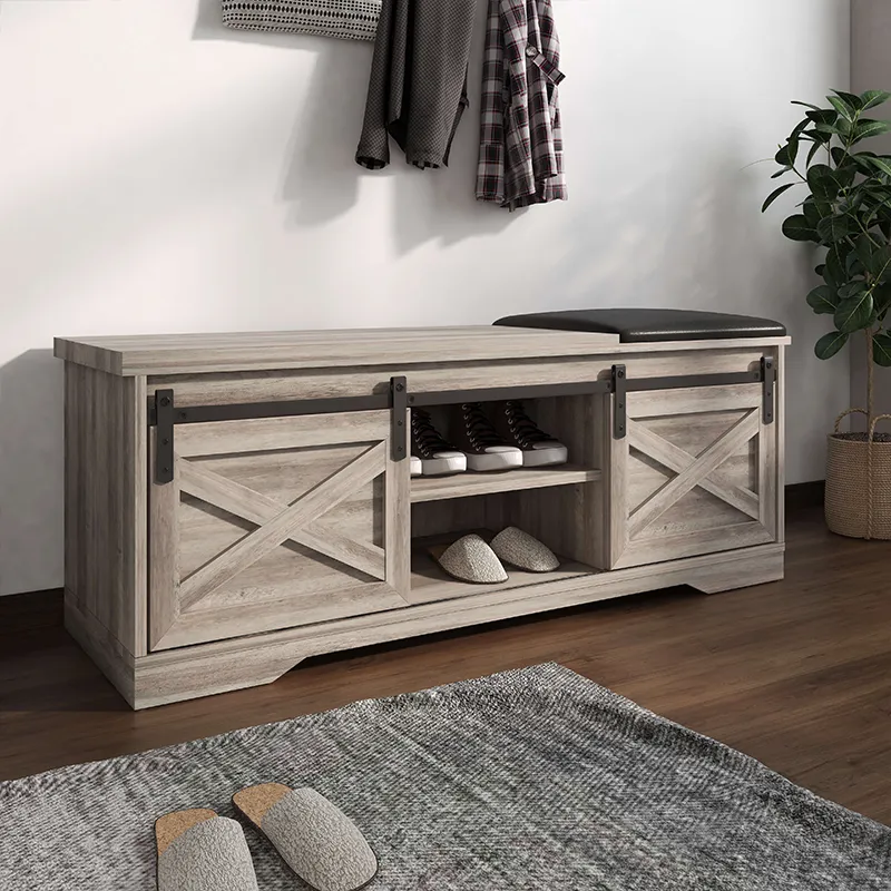 47" Modern Gray Walnut Farmhouse Sliding Shoe Bench with Barn Door