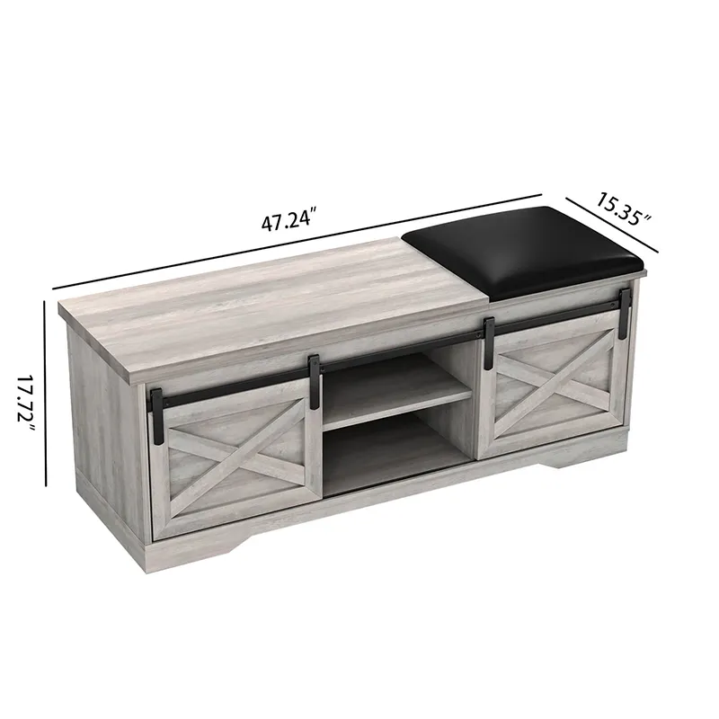 47" Modern Gray Walnut Farmhouse Sliding Shoe Bench with Barn Door