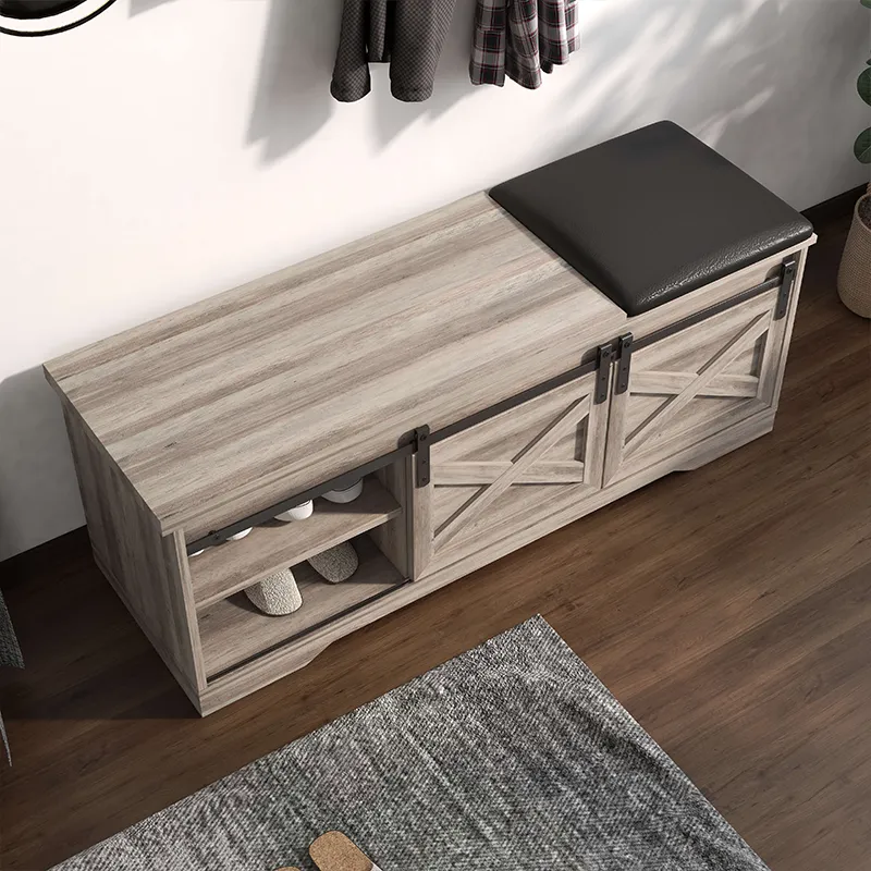 47" Modern Gray Walnut Farmhouse Sliding Shoe Bench with Barn Door