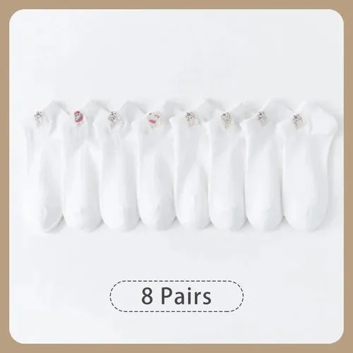 8 Pairs of Women's Spring and Summer Four-seasons White Simple Solid
