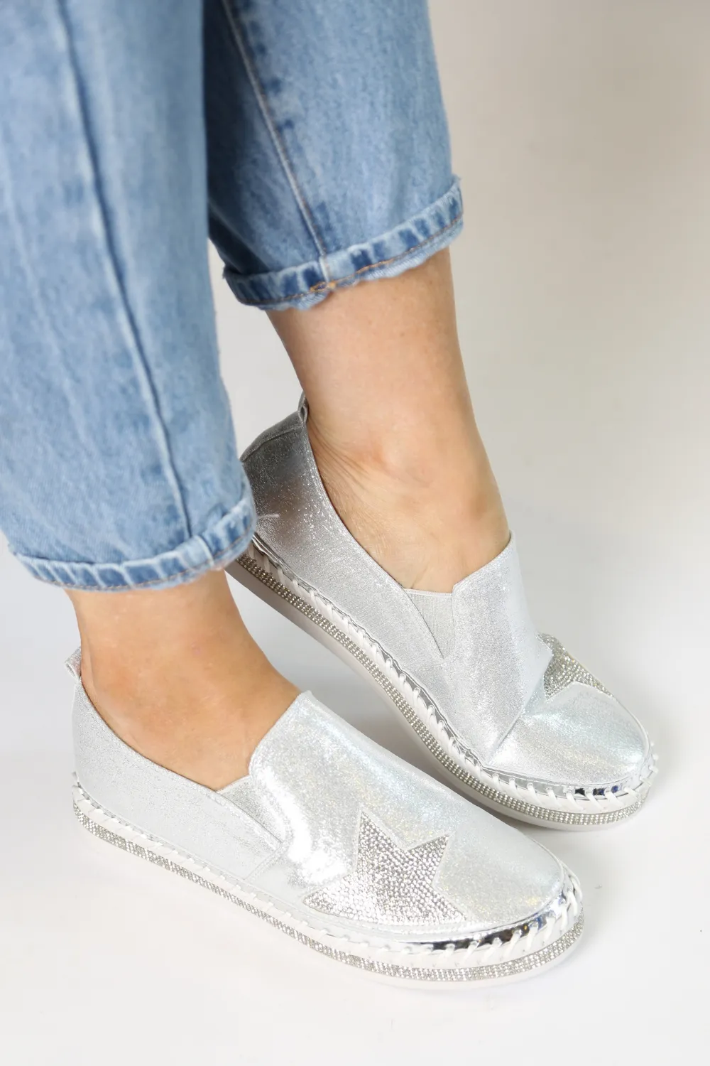 ARIANNE Silver Leather Star Slip-Ons
