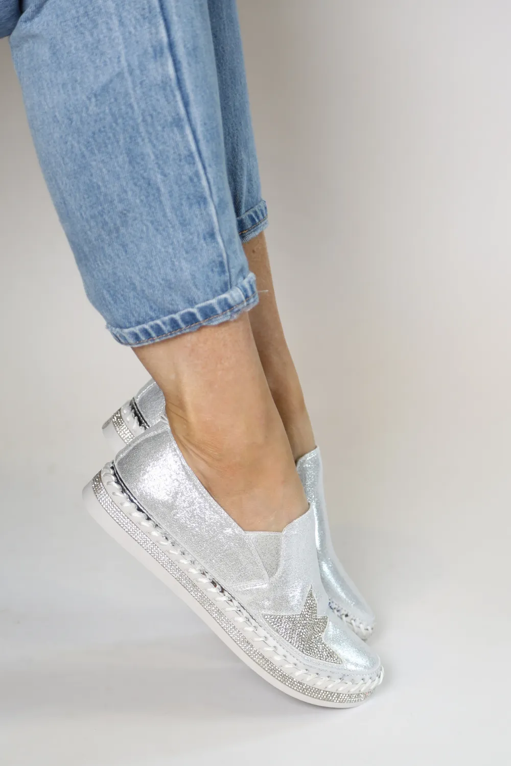 ARIANNE Silver Leather Star Slip-Ons