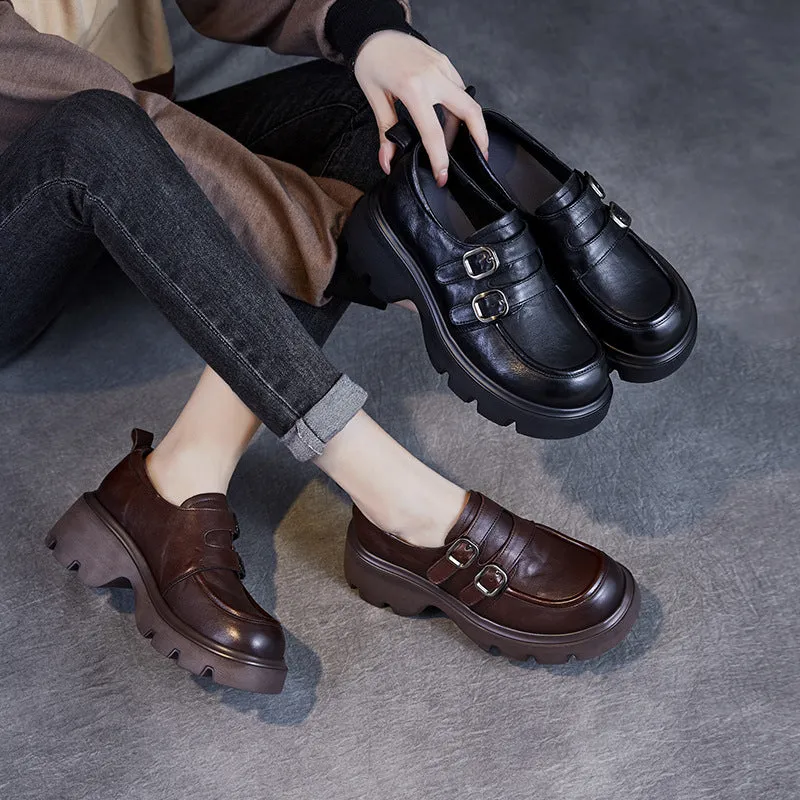 Babakud Women Spring Retro Chunky Loafers with Belt Buckle Design
