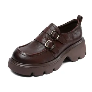 Babakud Women Spring Retro Chunky Loafers with Belt Buckle Design