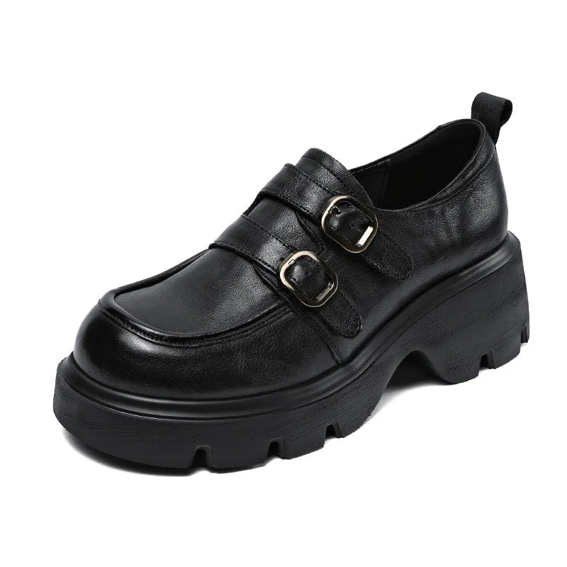 Babakud Women Spring Retro Chunky Loafers with Belt Buckle Design