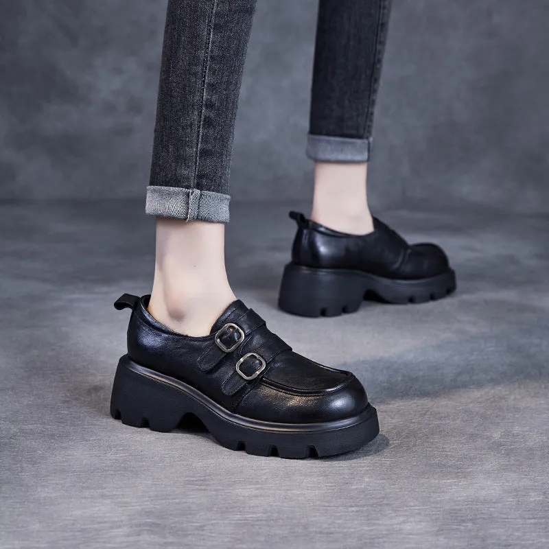 Babakud Women Spring Retro Chunky Loafers with Belt Buckle Design