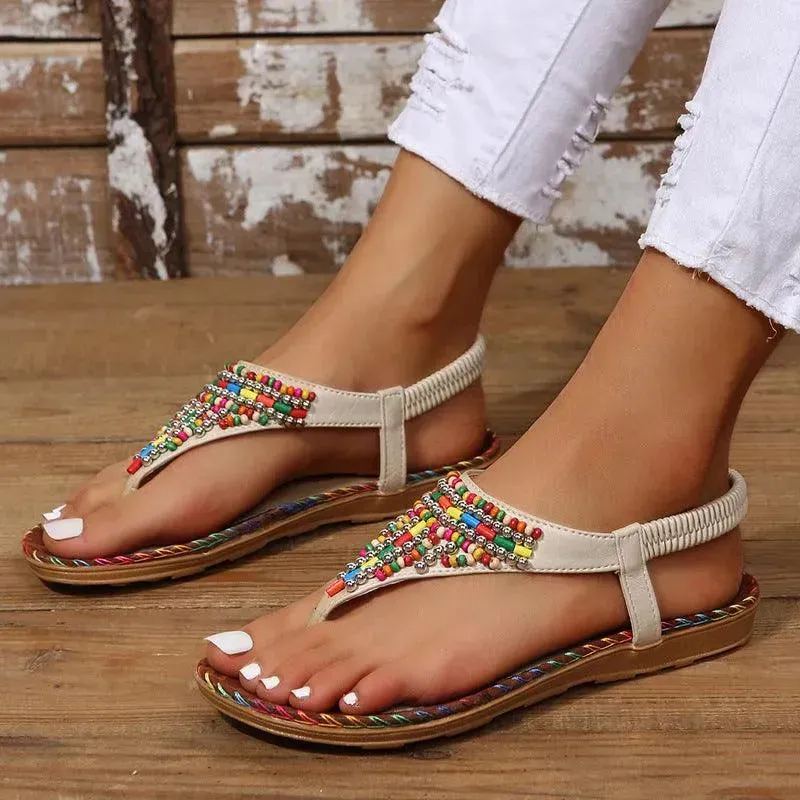 Beaded PU Leather Flat Sandals for Women