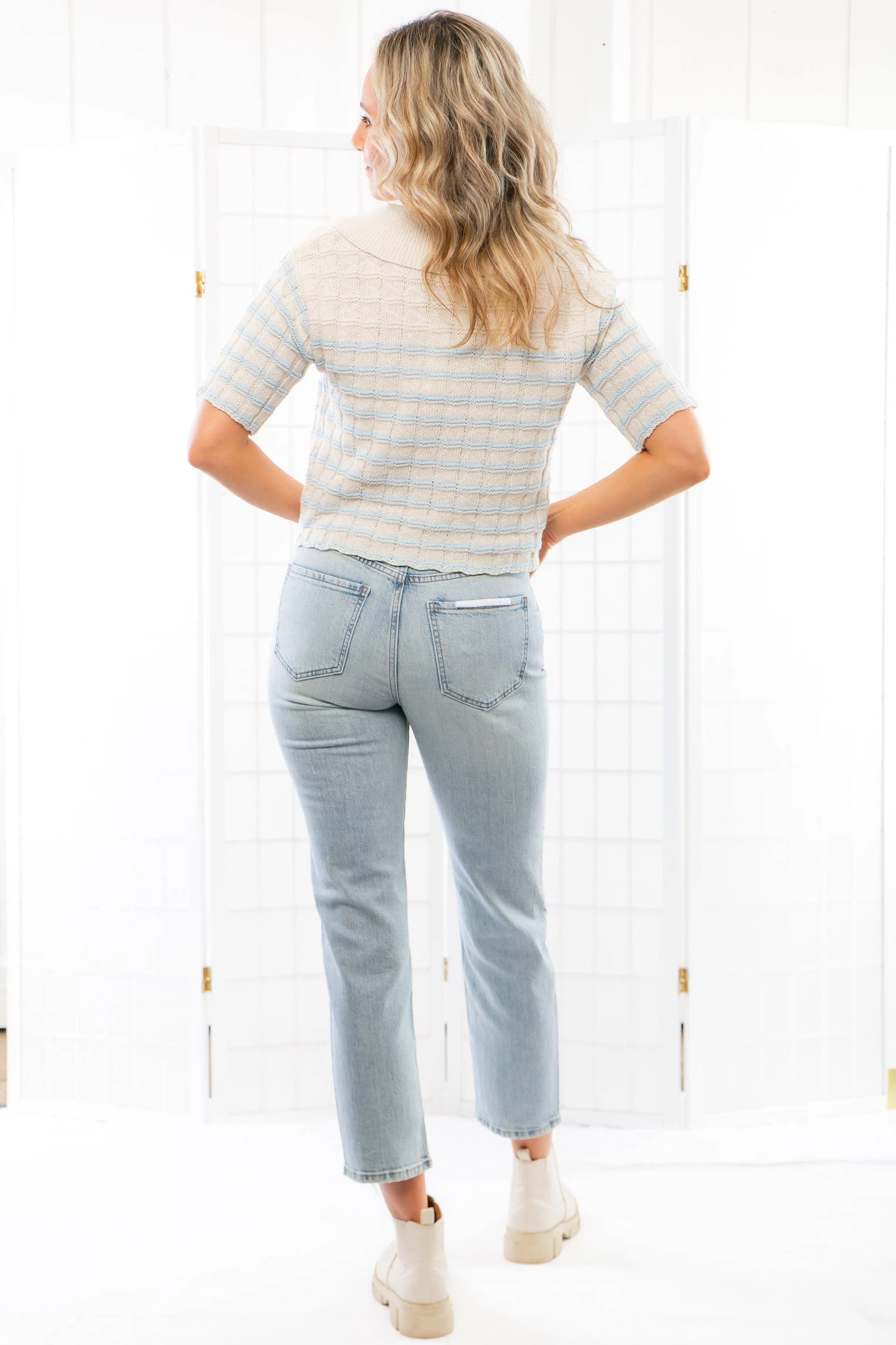 Camari Natural Blue Striped Knit Collared Cardigan