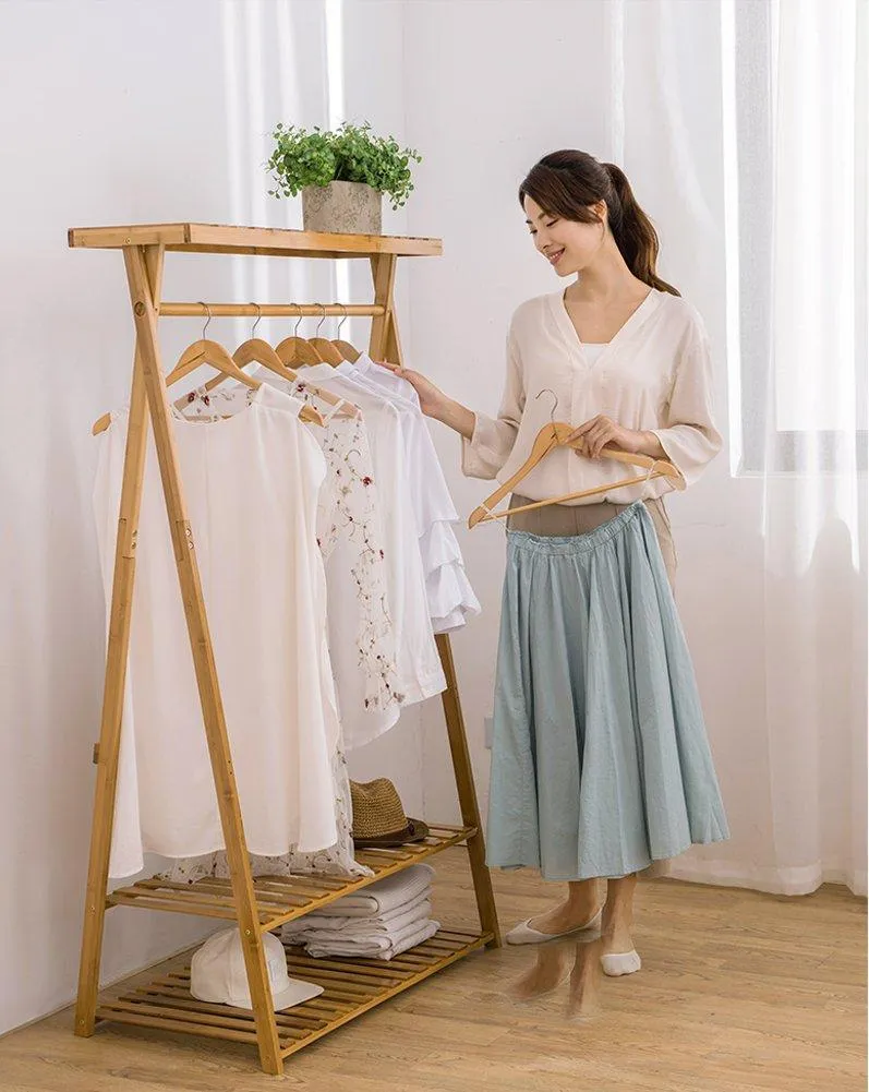 COPREE Bamboo Garment Coat Clothes Hanging Heavy Duty Rack with top Shelf and 2-Tier Shoe Clothing Storage Organizer Shelves