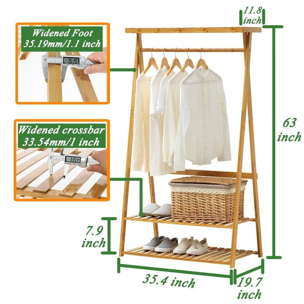 COPREE Bamboo Garment Coat Clothes Hanging Heavy Duty Rack with top Shelf and 2-Tier Shoe Clothing Storage Organizer Shelves