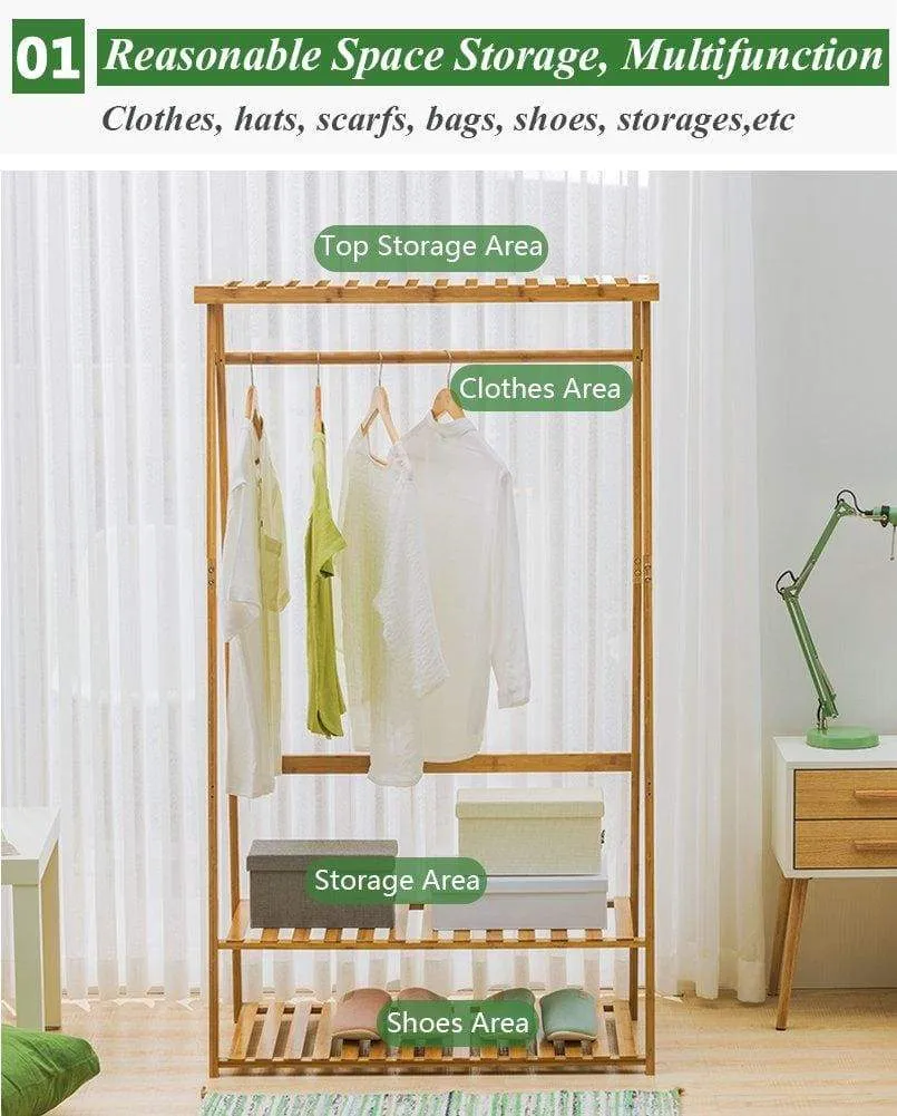 COPREE Bamboo Garment Coat Clothes Hanging Heavy Duty Rack with top Shelf and 2-Tier Shoe Clothing Storage Organizer Shelves