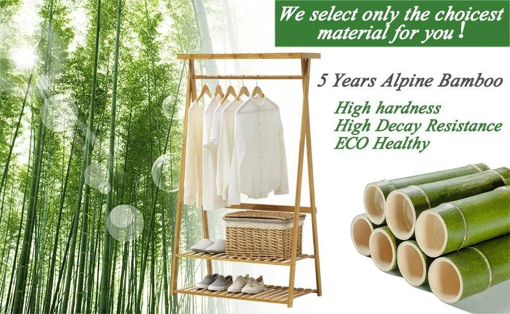COPREE Bamboo Garment Coat Clothes Hanging Heavy Duty Rack with top Shelf and 2-Tier Shoe Clothing Storage Organizer Shelves
