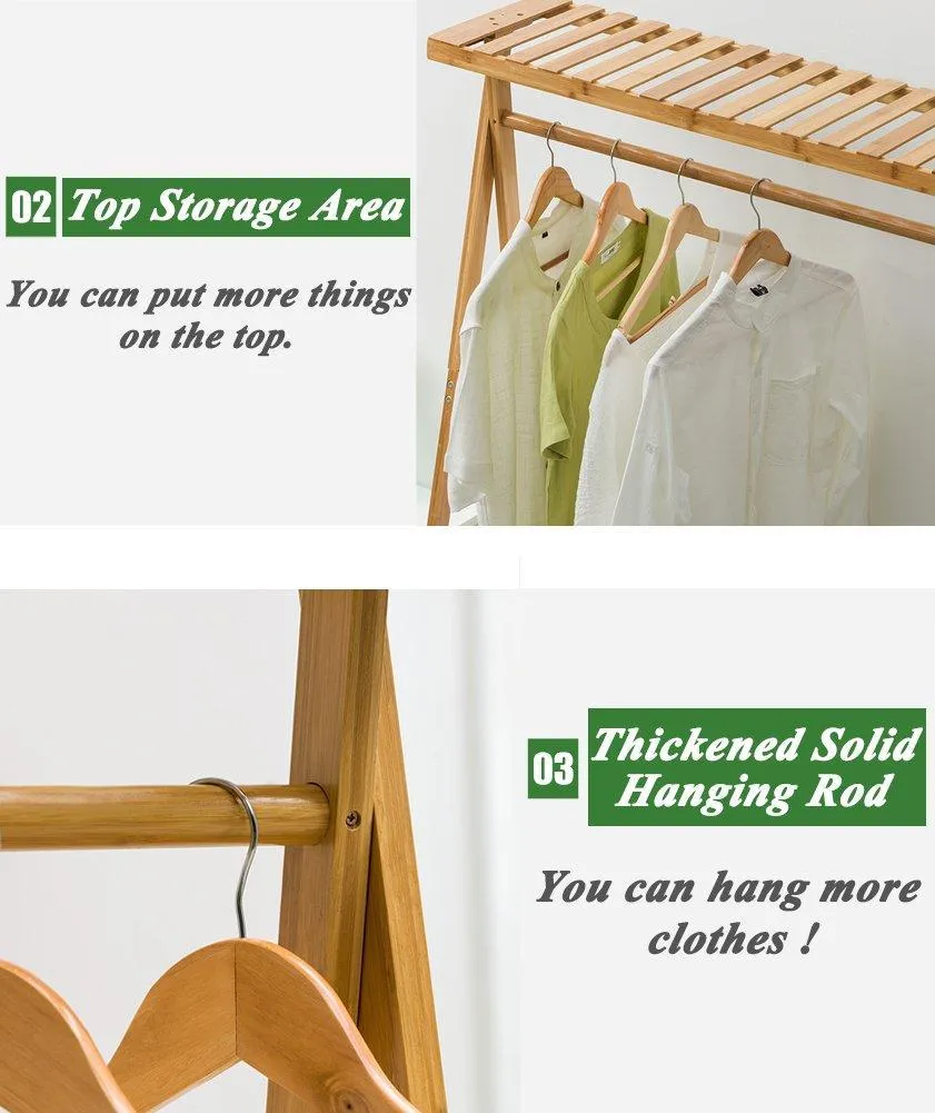 COPREE Bamboo Garment Coat Clothes Hanging Heavy Duty Rack with top Shelf and 2-Tier Shoe Clothing Storage Organizer Shelves