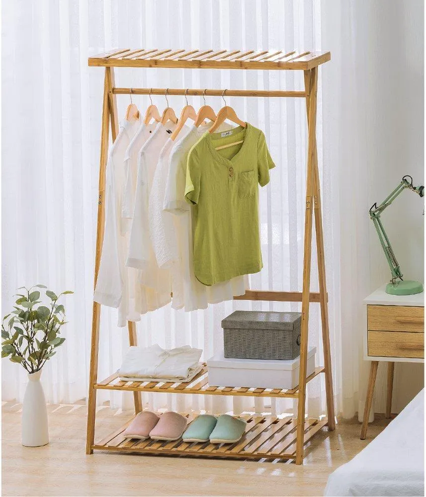 COPREE Bamboo Garment Coat Clothes Hanging Heavy Duty Rack with top Shelf and 2-Tier Shoe Clothing Storage Organizer Shelves