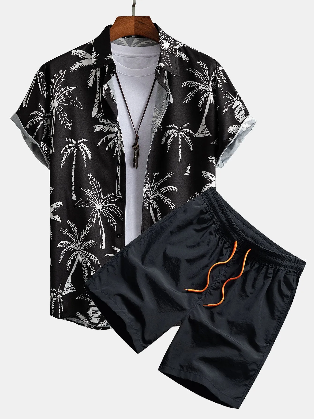 David Palm Tree Print Set  Button-Up Shirt & Swim Shorts