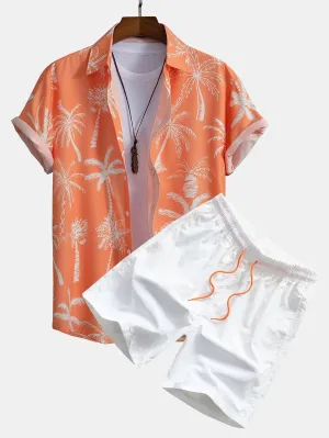 David Palm Tree Print Set  Button-Up Shirt & Swim Shorts David Palm Tree Print Set  Button-Up Shirt & Swim Shorts