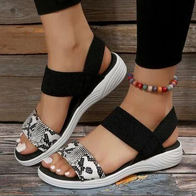 Elastic Strap PU Leather Open Toe Low Heel Sandals