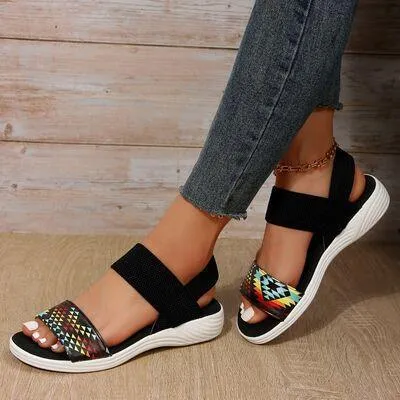 Elastic Strap PU Leather Open Toe Low Heel Sandals