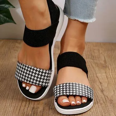 Elastic Strap PU Leather Open Toe Low Heel Sandals
