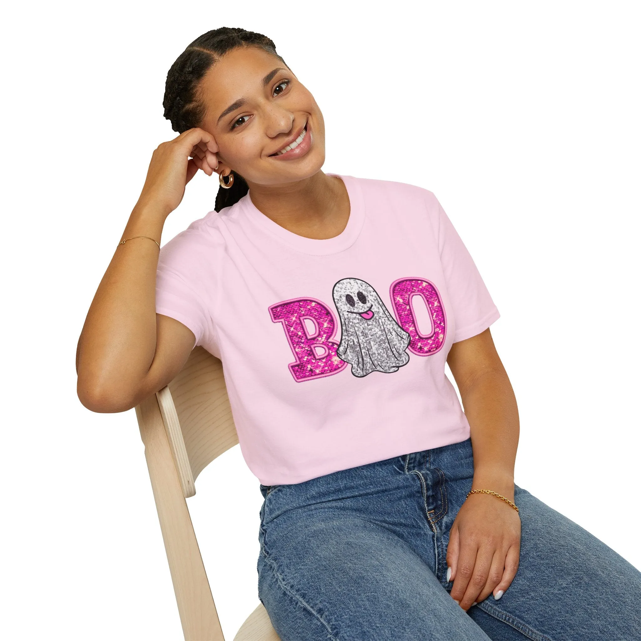 Faux Glitter "BOO" Shirt  Spooky Meets Sparkly! - Unisex Softstyle T-Shirt