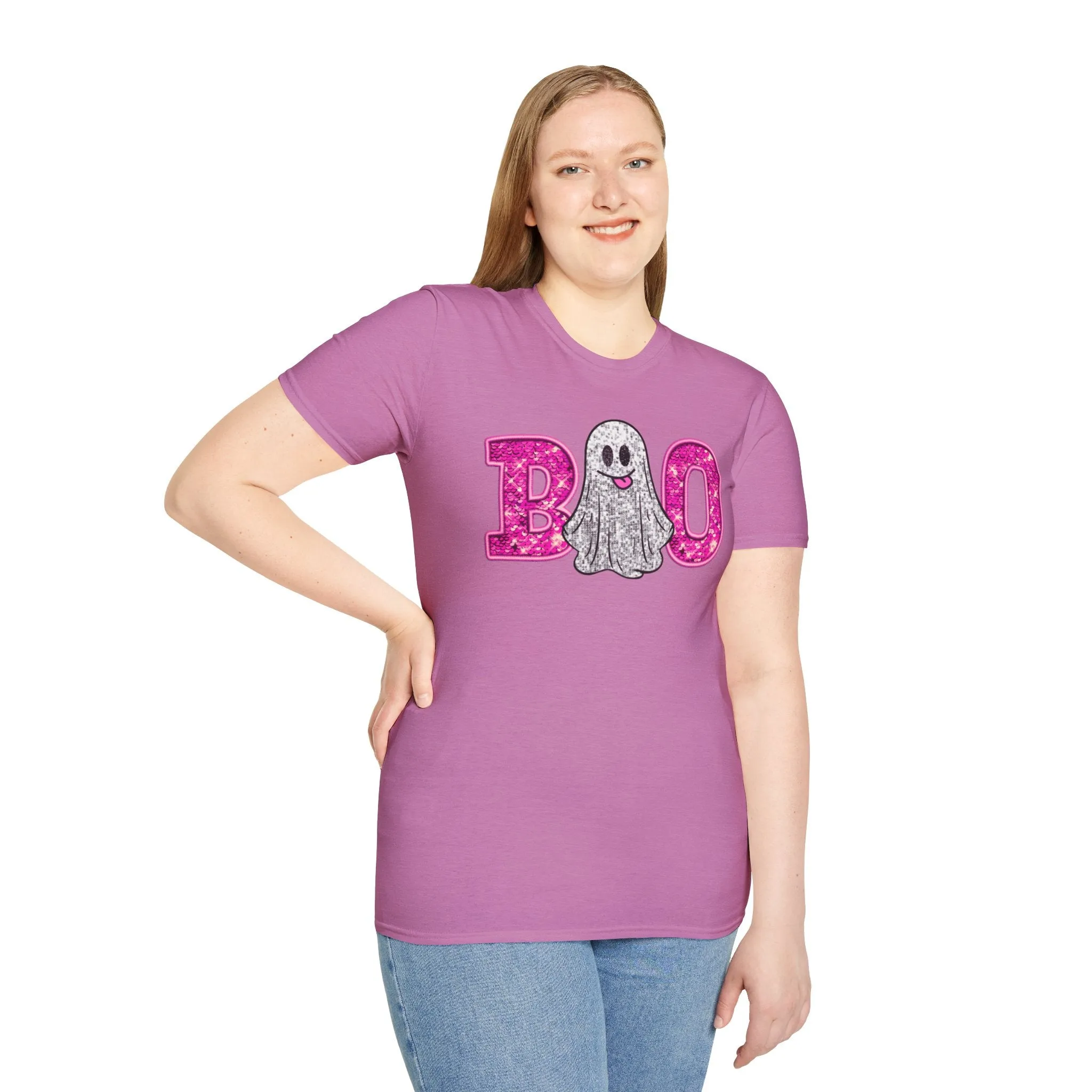Faux Glitter "BOO" Shirt  Spooky Meets Sparkly! - Unisex Softstyle T-Shirt
