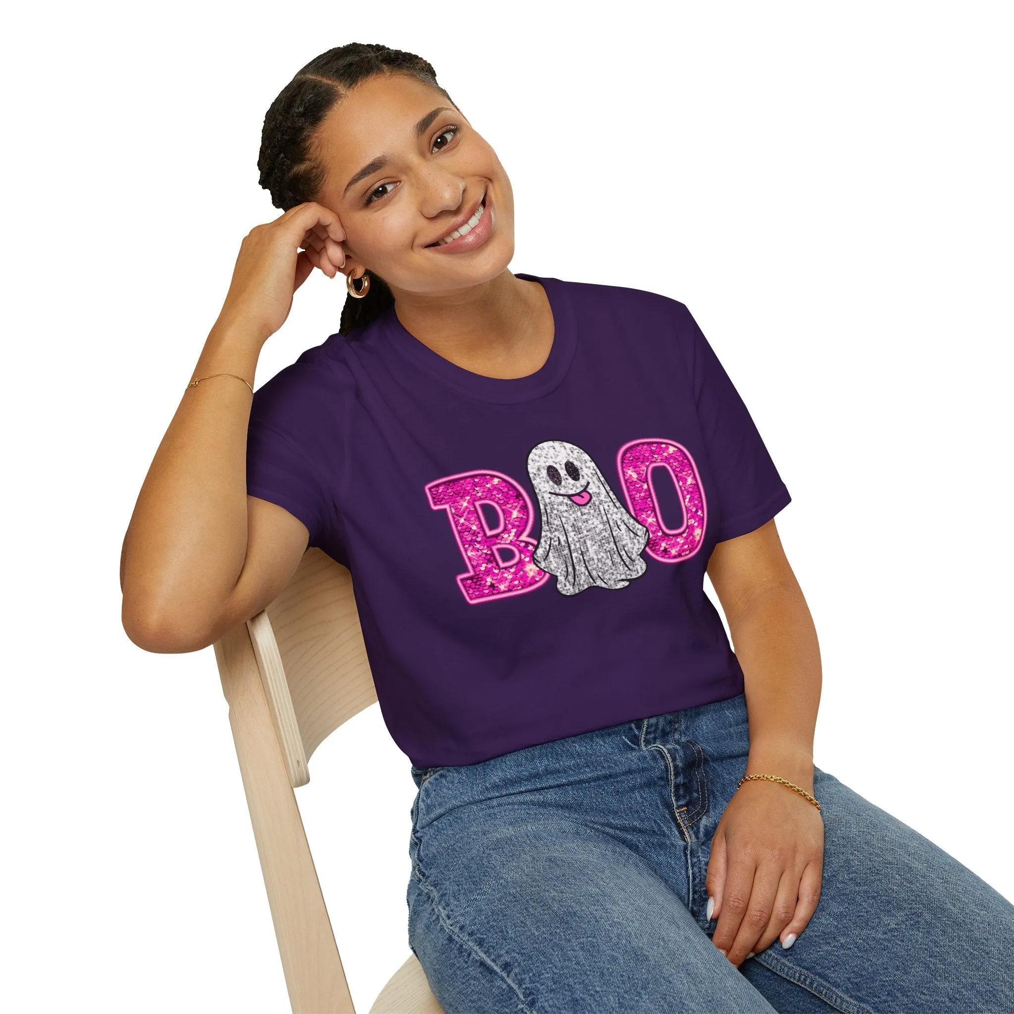 Faux Glitter "BOO" Shirt  Spooky Meets Sparkly! - Unisex Softstyle T-Shirt