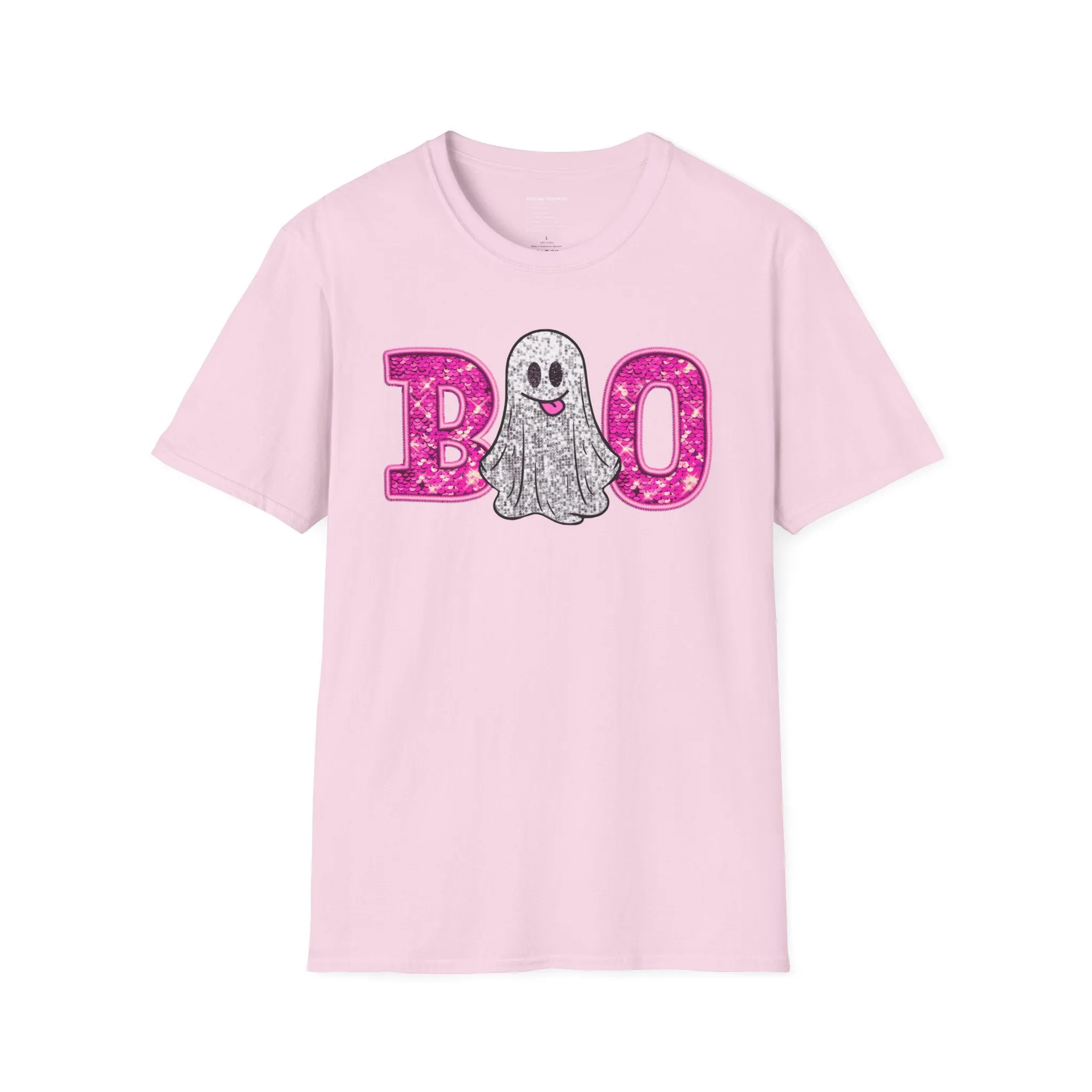 Faux Glitter "BOO" Shirt  Spooky Meets Sparkly! - Unisex Softstyle T-Shirt