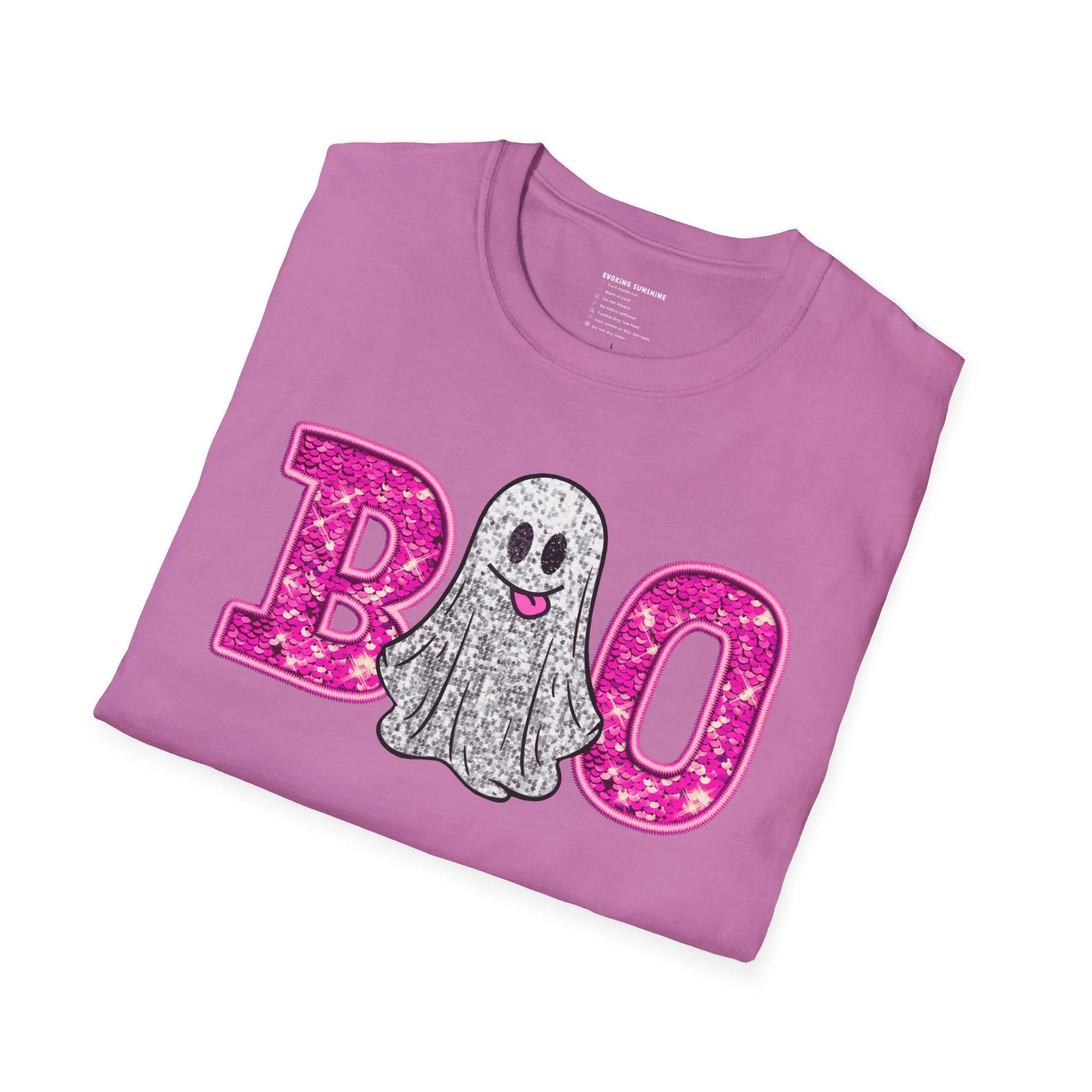Faux Glitter "BOO" Shirt  Spooky Meets Sparkly! - Unisex Softstyle T-Shirt