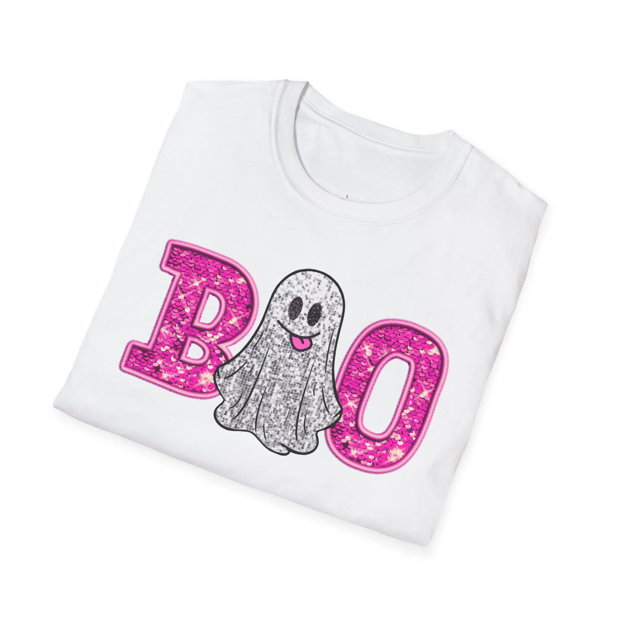 Faux Glitter "BOO" Shirt  Spooky Meets Sparkly! - Unisex Softstyle T-Shirt