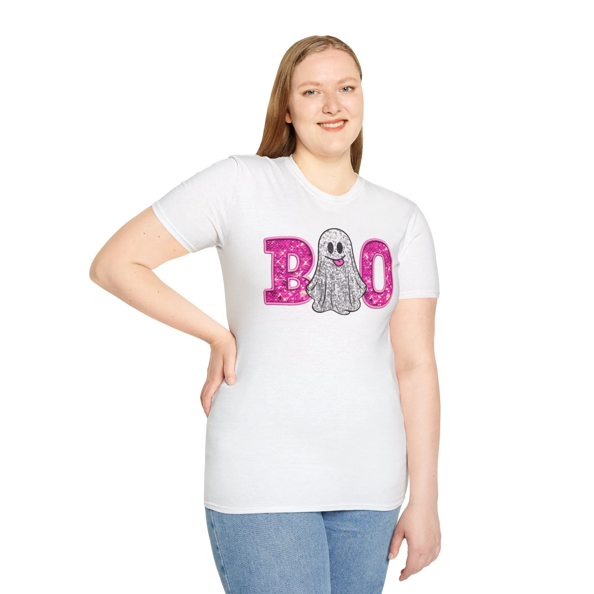 Faux Glitter "BOO" Shirt  Spooky Meets Sparkly! - Unisex Softstyle T-Shirt