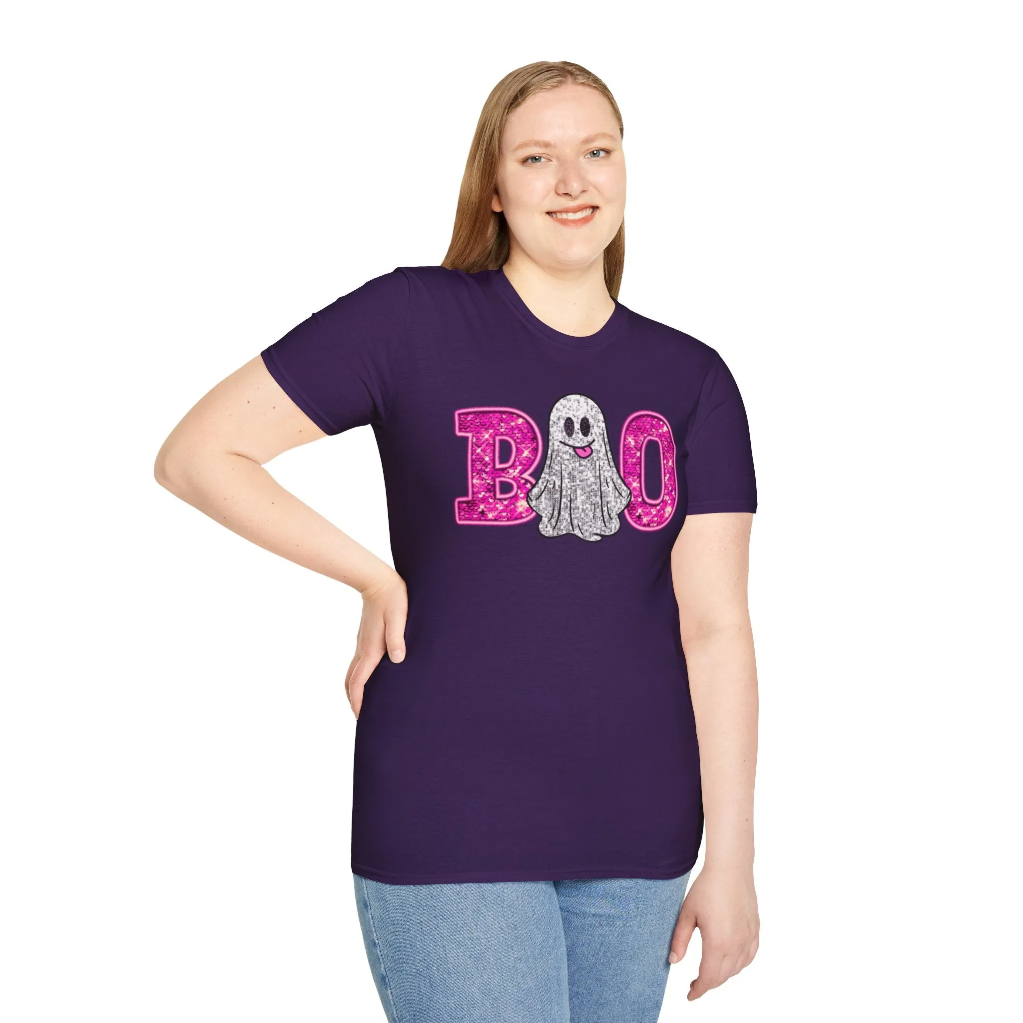 Faux Glitter "BOO" Shirt  Spooky Meets Sparkly! - Unisex Softstyle T-Shirt