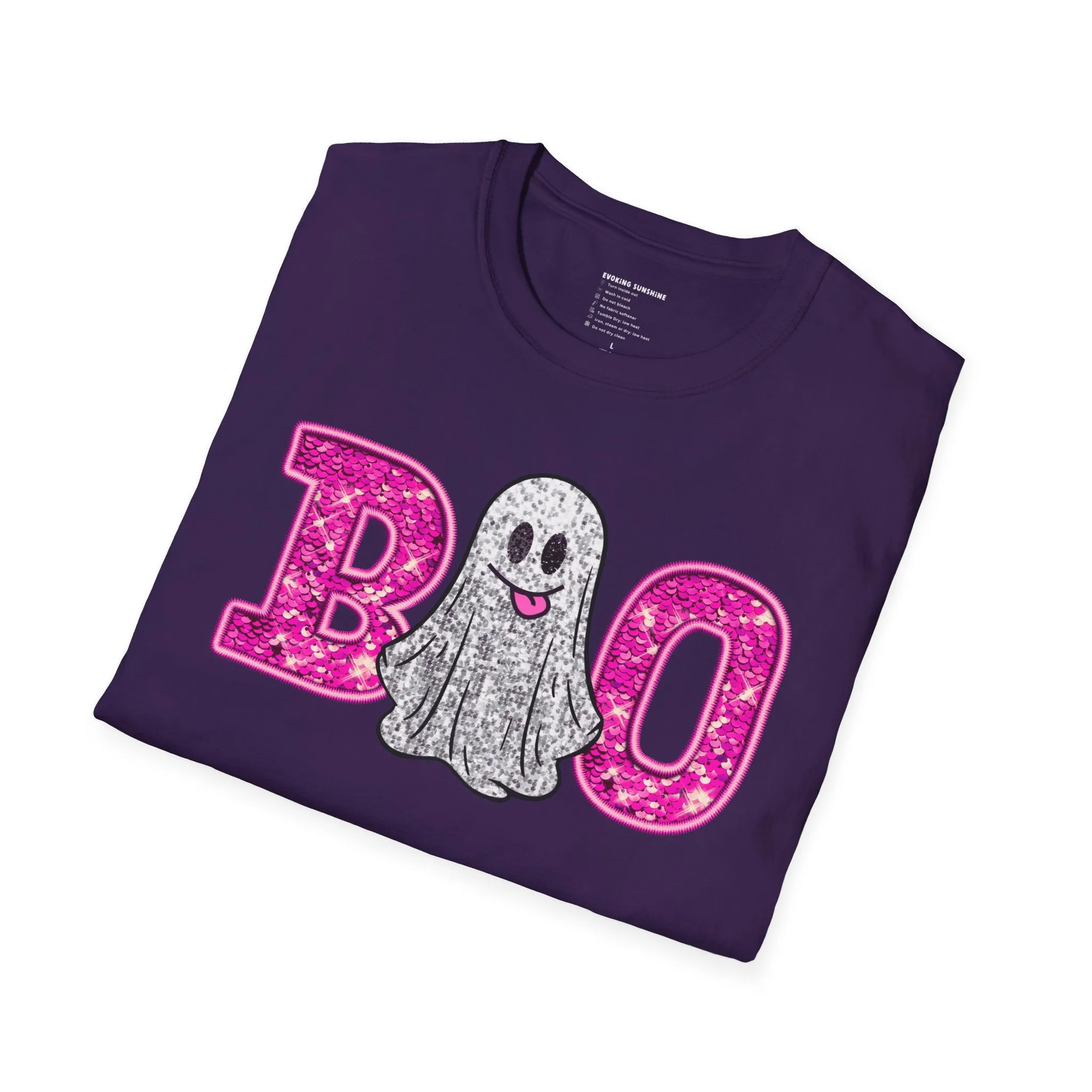Faux Glitter "BOO" Shirt  Spooky Meets Sparkly! - Unisex Softstyle T-Shirt