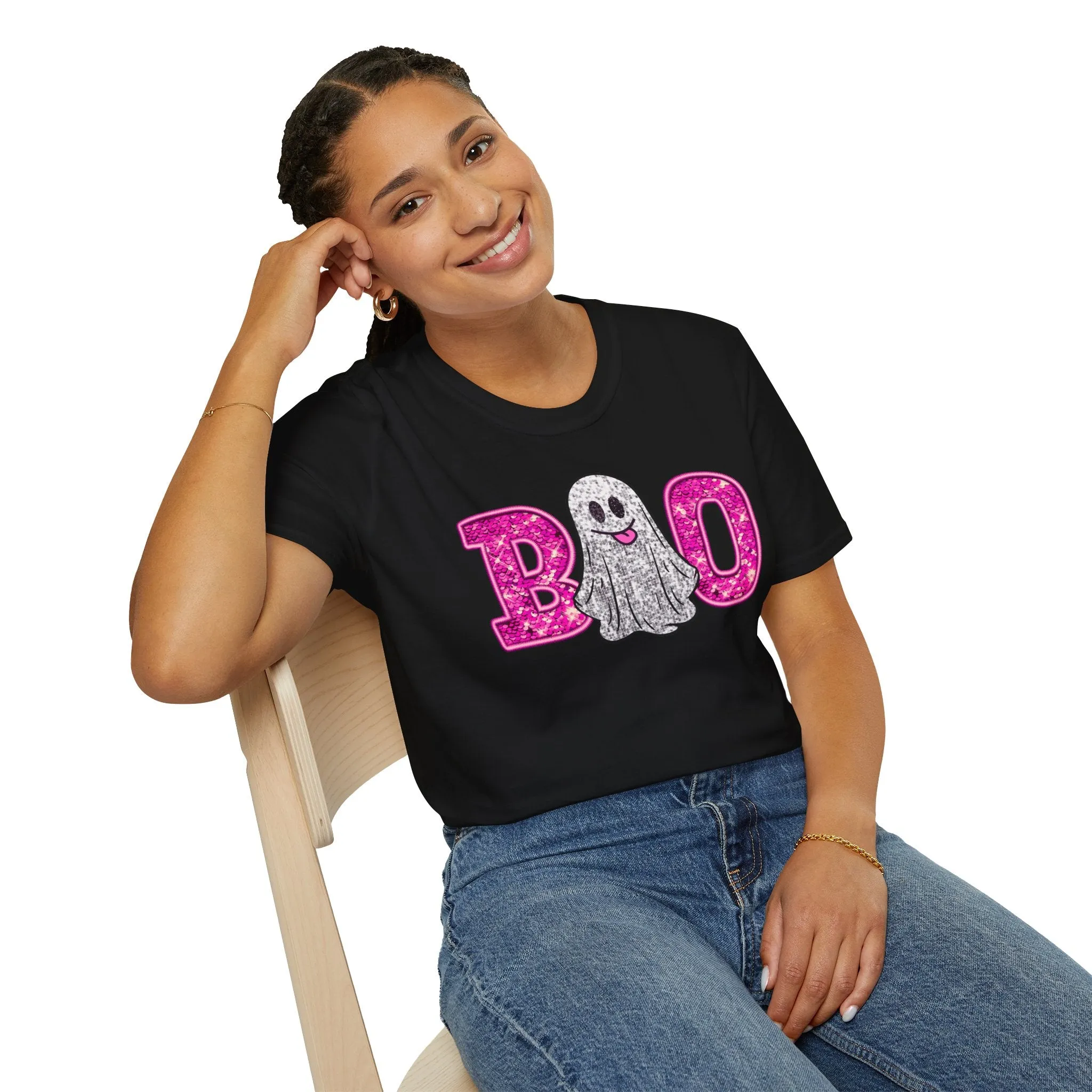 Faux Glitter "BOO" Shirt  Spooky Meets Sparkly! - Unisex Softstyle T-Shirt