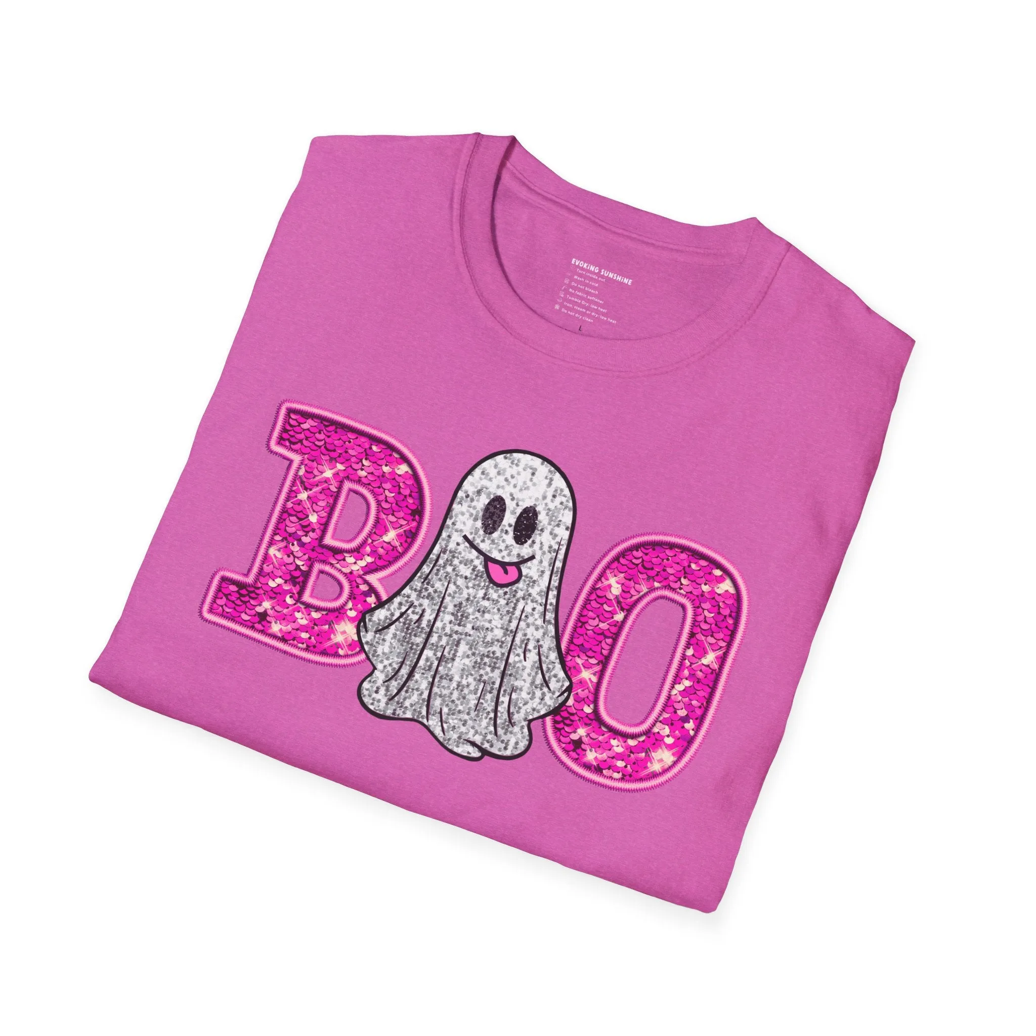 Faux Glitter "BOO" Shirt  Spooky Meets Sparkly! - Unisex Softstyle T-Shirt