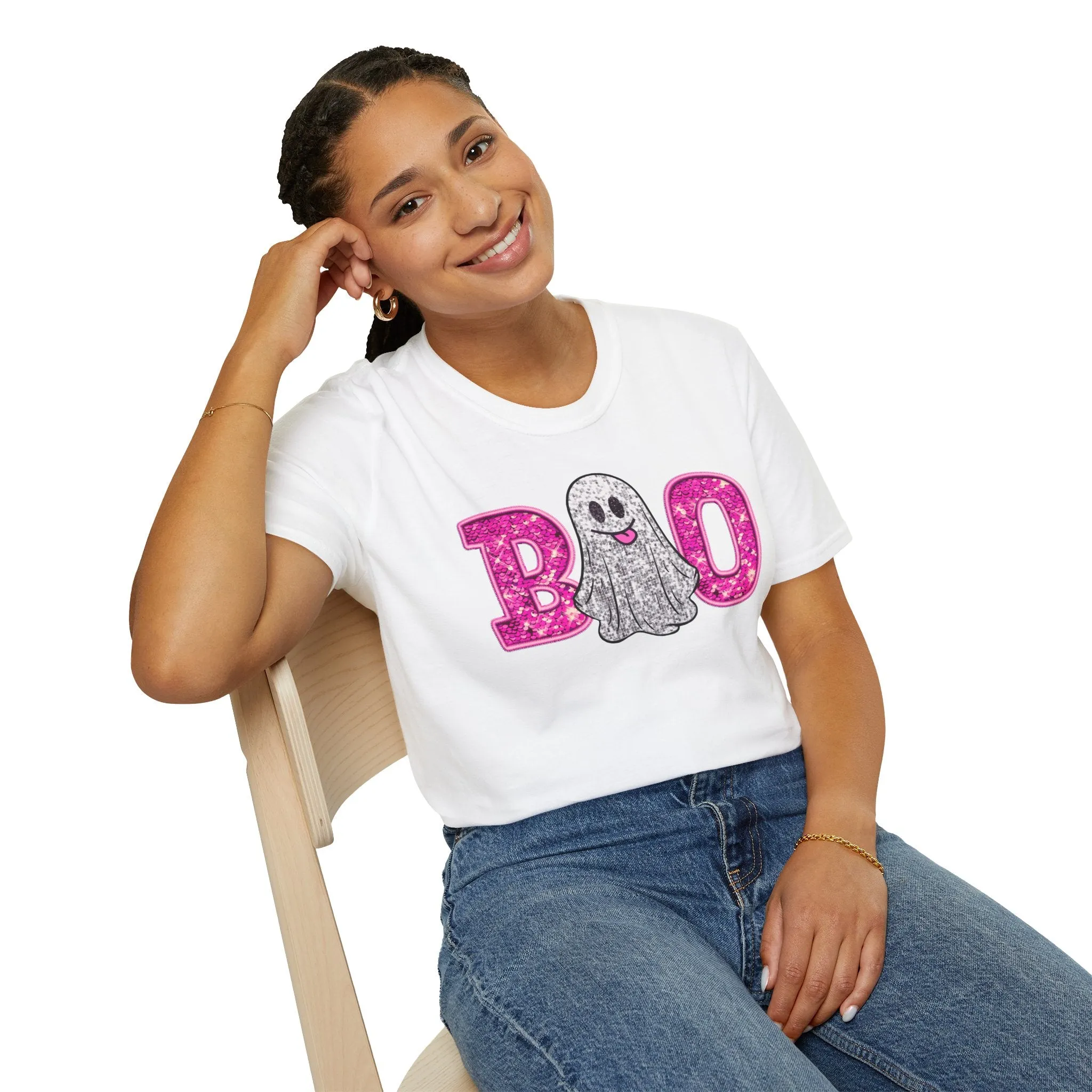 Faux Glitter "BOO" Shirt  Spooky Meets Sparkly! - Unisex Softstyle T-Shirt