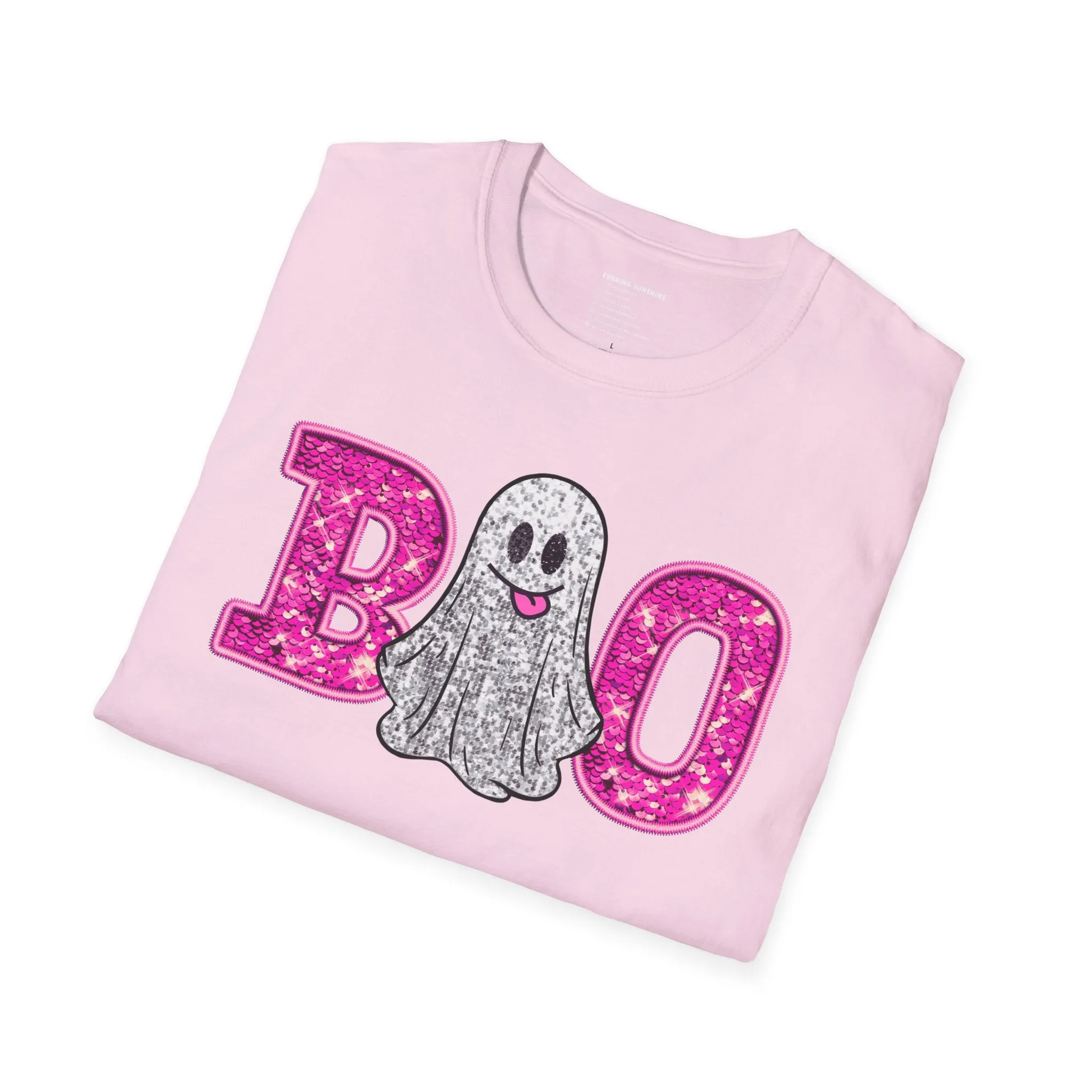 Faux Glitter "BOO" Shirt  Spooky Meets Sparkly! - Unisex Softstyle T-Shirt